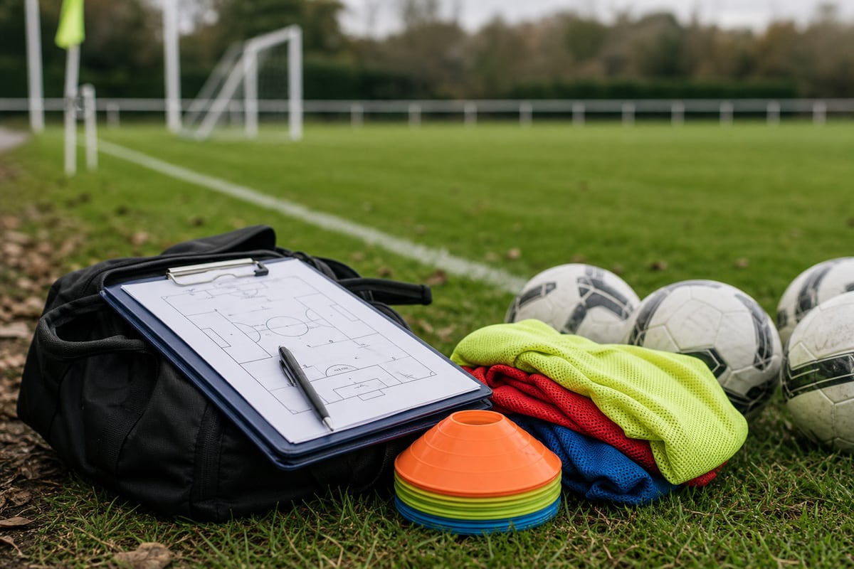 Grassroots football admin materials beside training equipment on a pitch.