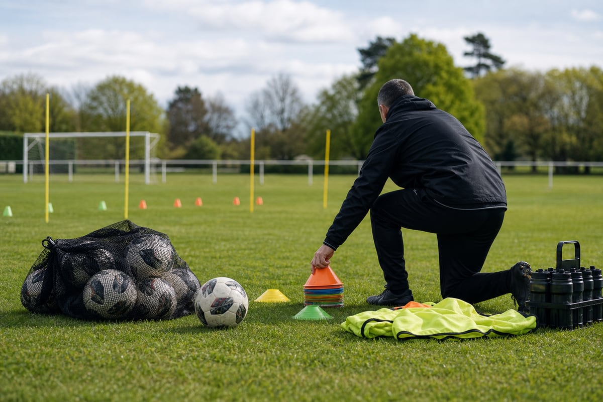 A grassroots football coach setting up training equipment on a pitch.