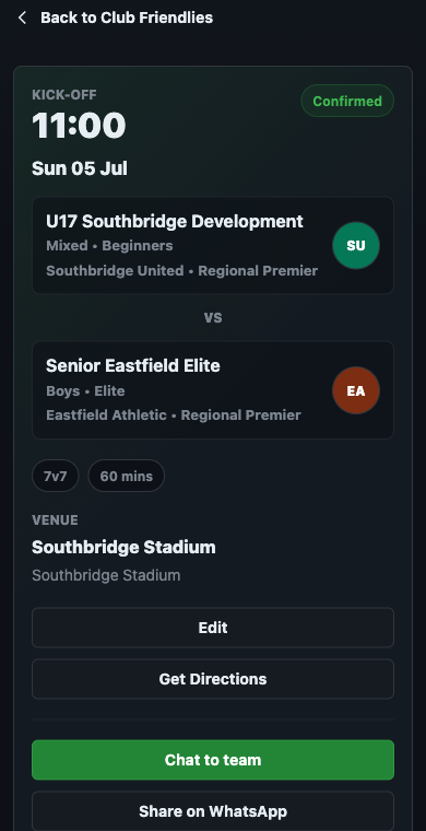 Extra Minutes confirmed friendly details screen showing both teams, venue, and match-day actions.