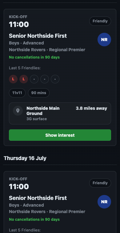 Extra Minutes friendly search card showing team details, recent form, venue, and show interest action.