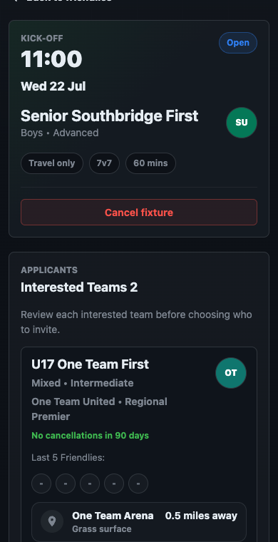 Extra Minutes open friendly details screen showing interested team cards and venue proposals.