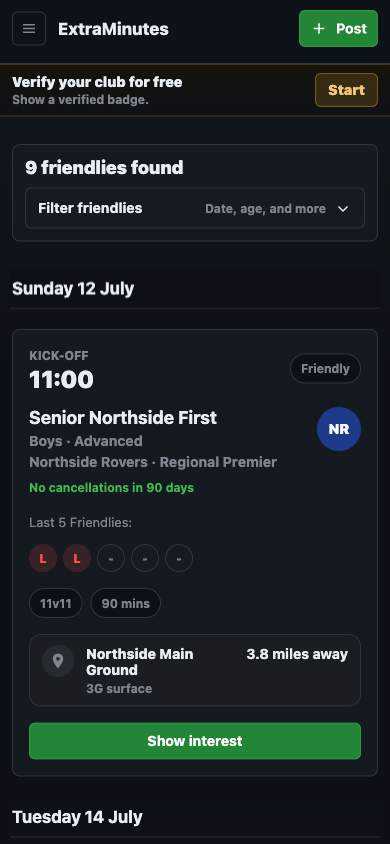 Extra Minutes search friendlies screen showing a friendly card with team details and recent form.